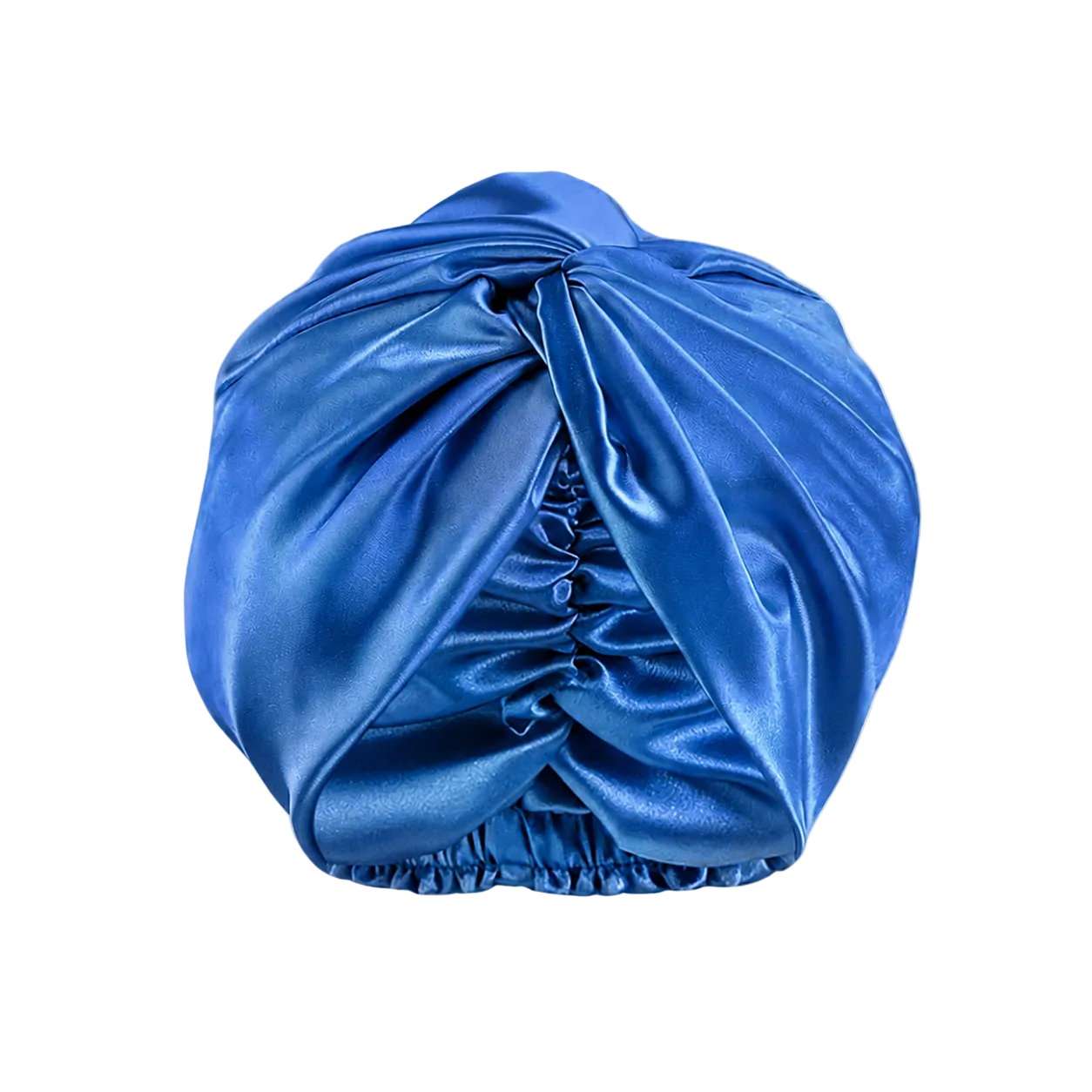 A shiny royal blue mulberry silk turban-style hair wrap or head covering, shown centered on a transparent checkerboard background.