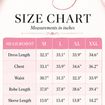A pink and white size chart graphic for Brindy Luxury Silk, showing measurements in inches for dress length, chest, waist, robe length, and sleeve length from M to XXL.