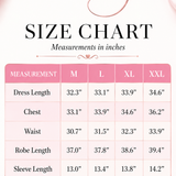 A pink and white size chart graphic for Brindy Luxury Silk, showing measurements in inches for dress length, chest, waist, robe length, and sleeve length from M to XXL.