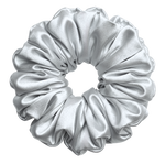 Silver 100% mulberry silk 6.5cm XL Scrunchie on a white background