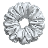 Silver 100% mulberry silk 6.5cm XL Scrunchie on a white background