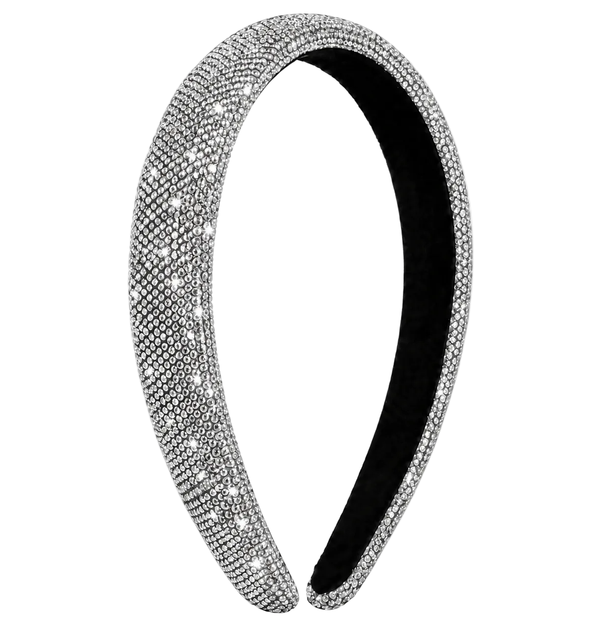 A wide, curved headband covered in sparkling silver rhinestones, with a black fabric inner band, shown on a white and gray checkered background.
