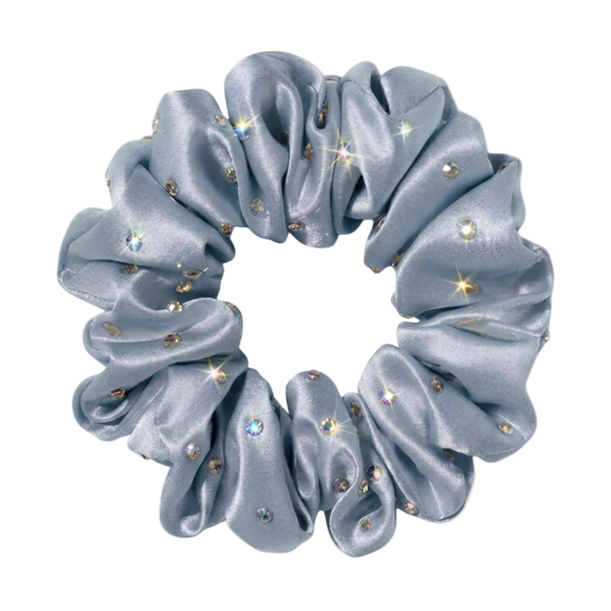 Sky Blue silk scrunchie with embedded rhinestones on a white background
