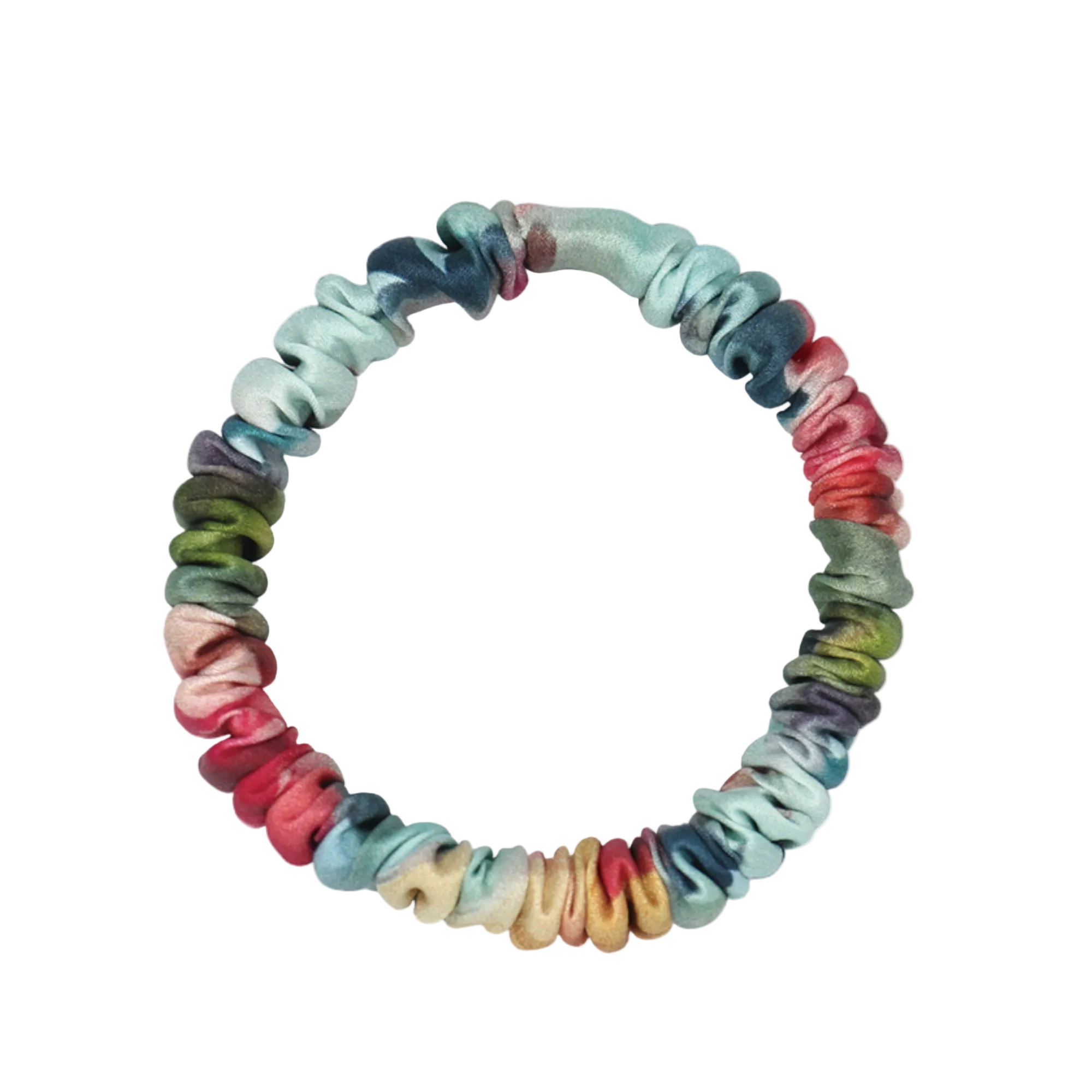 Teal Floral skinny silk scrunchie with a black Brindy Label on a white background