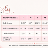 A pink and white T-shirt size chart graphic for Brindy Luxury Silk, featuring a measurement table with columns for S, M, L, XL, 2XL, 3XL, and 4XL sizes and a small line drawing of a t-shirt on the left.
