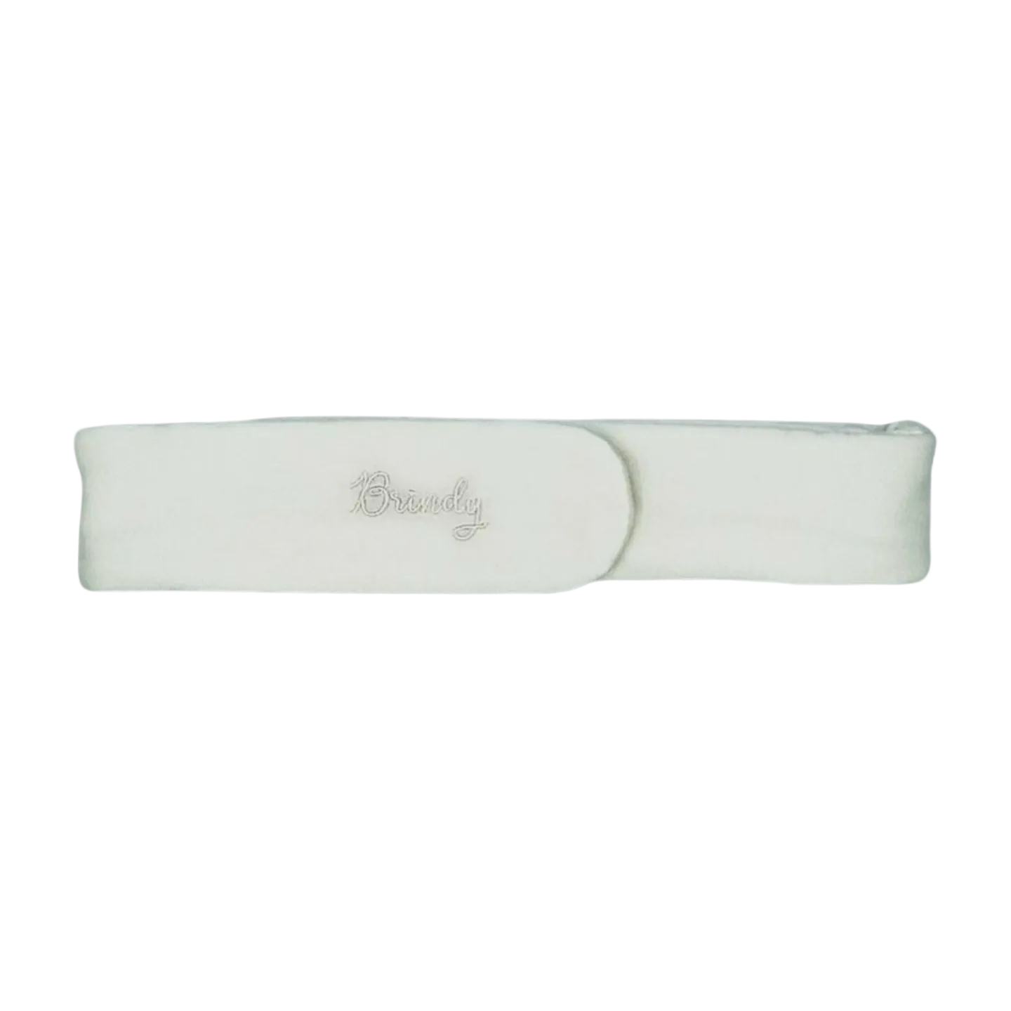 White Ivory Silk headband with a Brindy logo on a white background