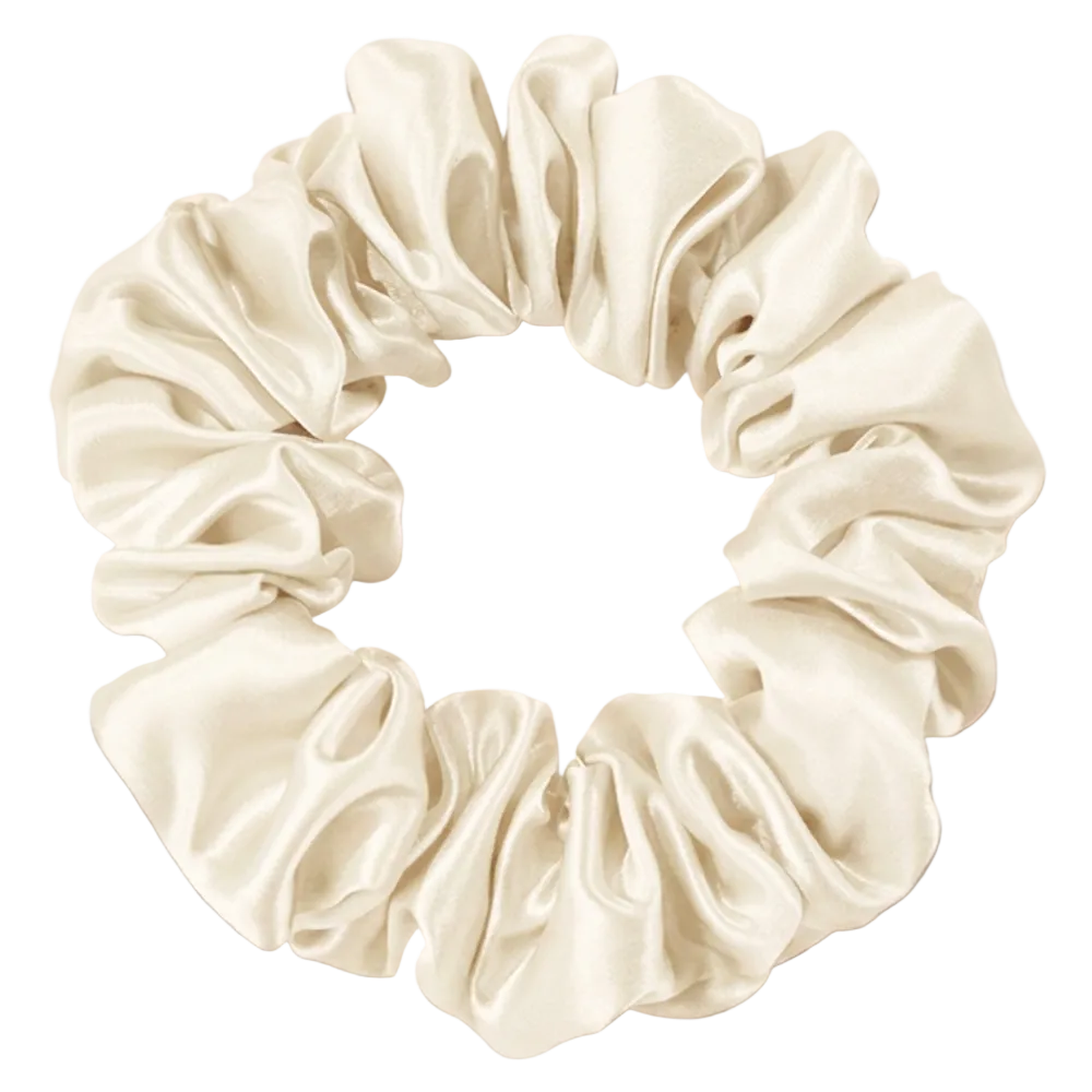 White Ivory 100% mulberry silk 3.5cm Medium Scrunchie on a white background