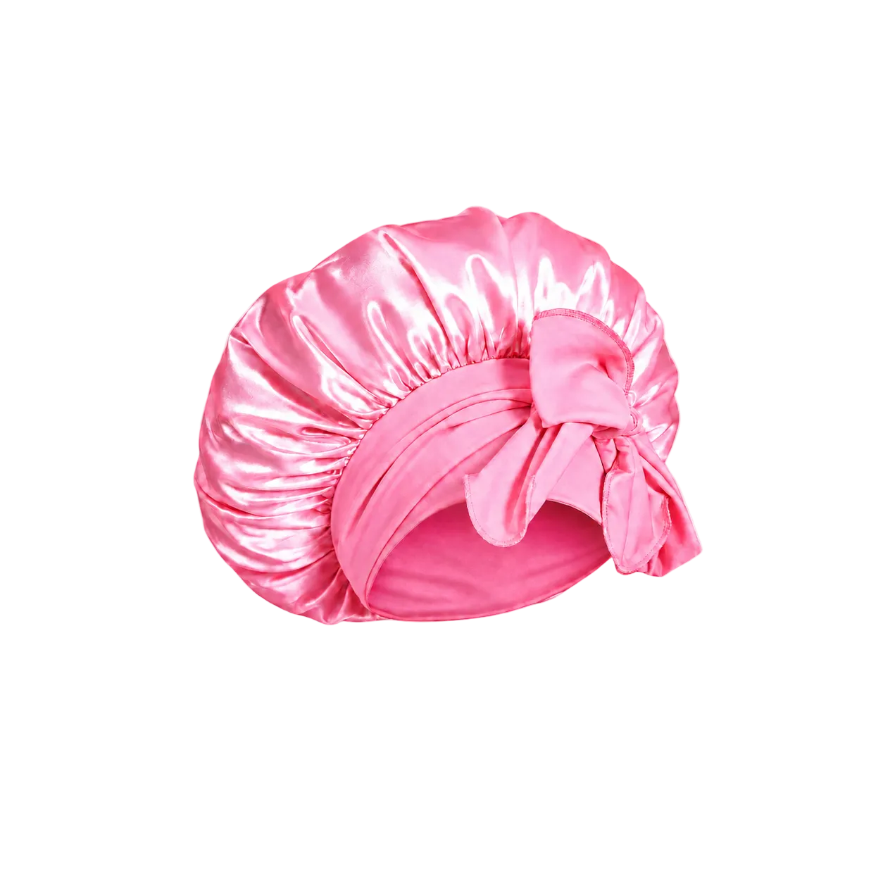 A candy pink mulberry silk bonnet with a large bow on a transparent background.
