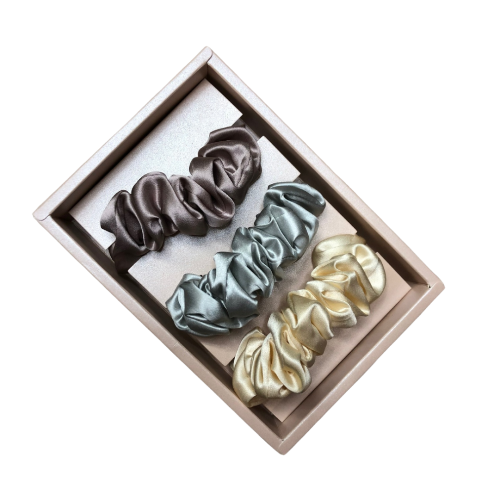 3.5cm Medium Silk Scrunchie set of 3 in Purple Lotus, Silver Cloud and Beige