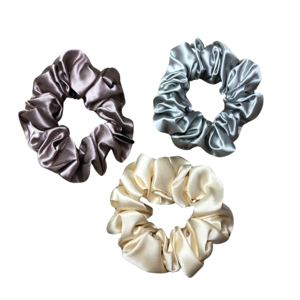 3.5cm Medium Silk Scrunchie set of 3 in Purple Lotus, Silver Cloud and Beige